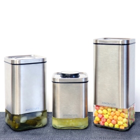 【安酷生活】方形不鏽鋼玻璃保鮮密封罐-3件禮盒組